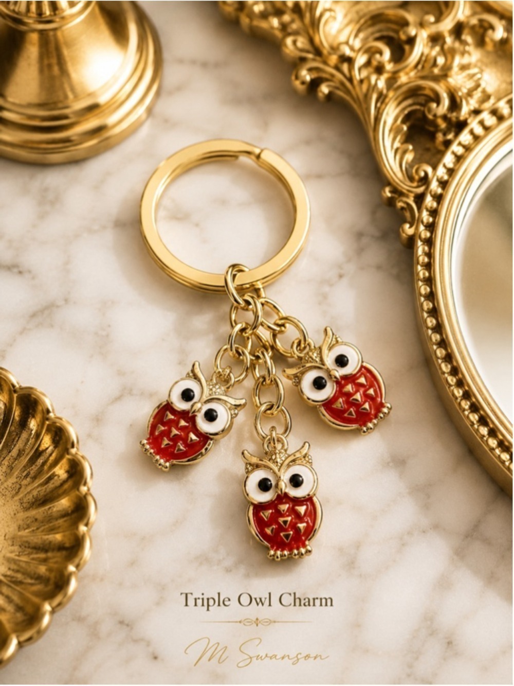 NEW Triple Owl Enamel Keychain Bag Charm Red Gold